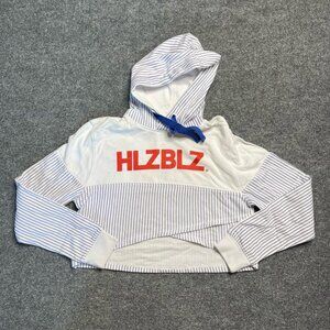 Hlzblz Womens Cropped Hoodie White Pullover Striped Long Sleeve Drawstring S